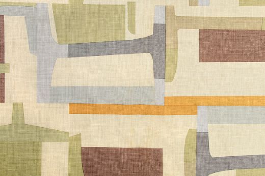 Span linen fabric in olive greens, pale blues and rich terracotta’s. A playful geometric, designed by Christopher Farr Cloth.