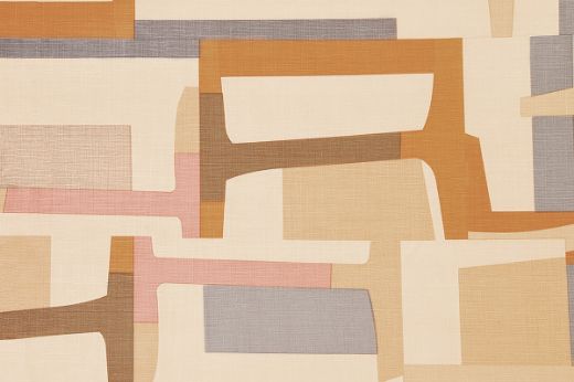 Span linen fabric in rich terracotta’s, rose pinks and oranges. A playful geometric, designed by Christopher Farr Cloth.