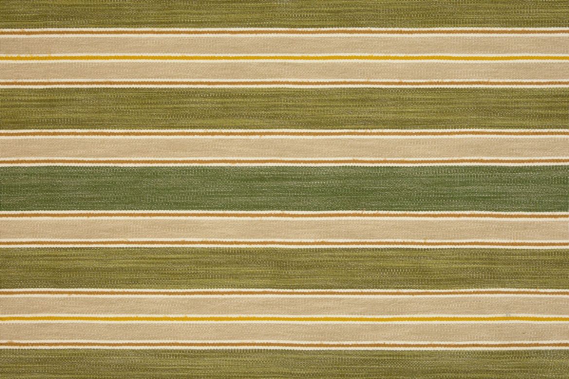 A striped woven fabric in green tones with small stripes of yellow and warm browns.
