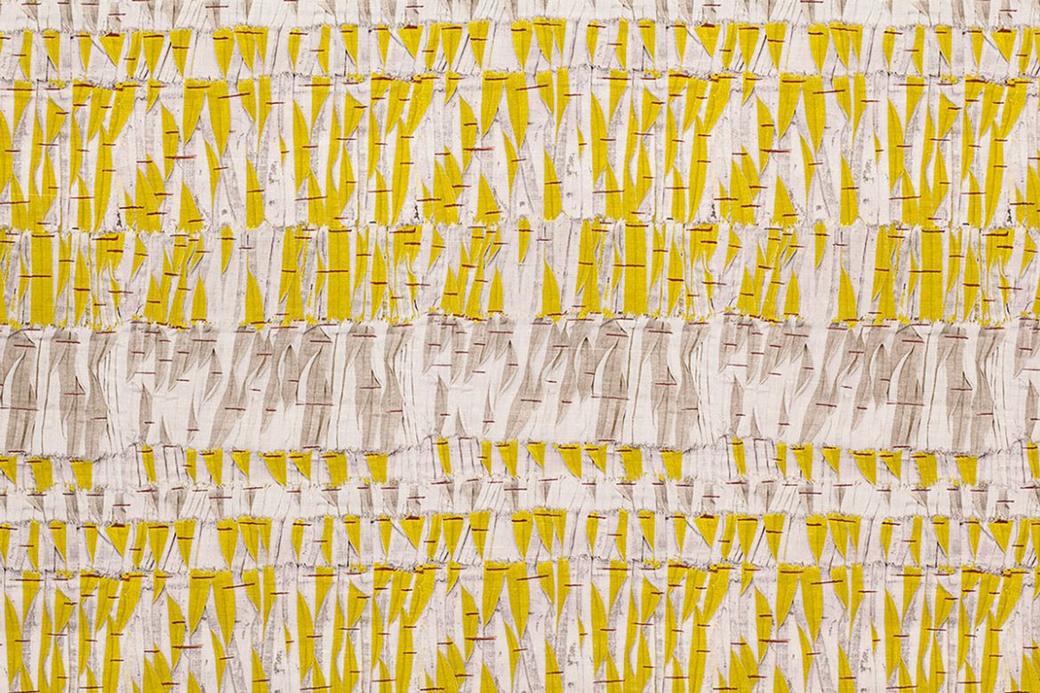 Abstract design in lemon yellow and warm grey colours with pops of dark red 