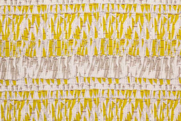 Abstract design in lemon yellow and warm grey colours with pops of dark red 
