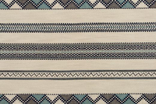 Woven fabric in dark blue, indigo and natural tones. Has zig zag motif stripes running horizonal.