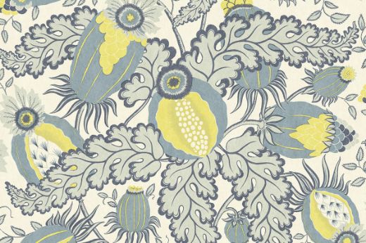 Christopher Farr Cloth Carnival Indoor Printed Wallpaper Cobalt. A detailed botanical illustration featuring large stylised flowers in shades of blue, yellow and grey, with intricate leaves and stems on a light background.