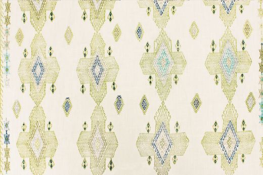 Geometric shapes in light lime green tones with pops of blues and teals.