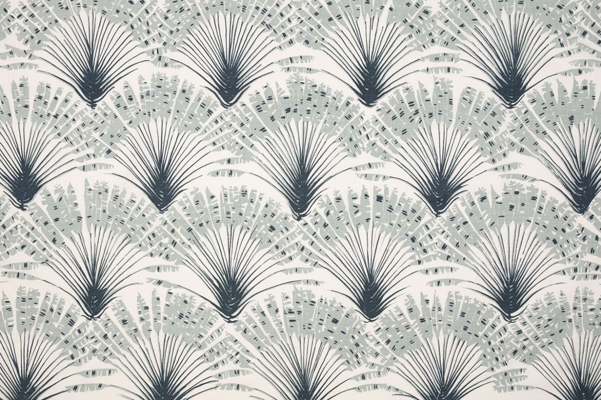 Brisa Feather Fan printed fabric in navy blue, featuring a repeated pattern of fanned feathers, designed by Michael Szell for Christopher Farr Cloth.