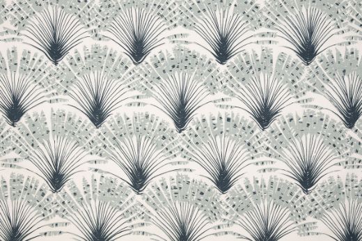 Brisa Feather Fan printed fabric in navy blue, featuring a repeated pattern of fanned feathers, designed by Michael Szell for Christopher Farr Cloth.