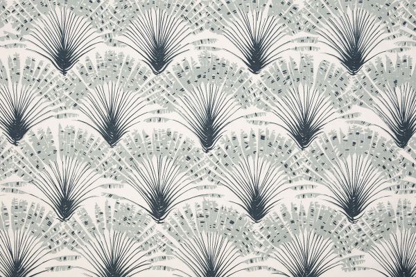 Brisa Feather Fan printed fabric in navy blue, featuring a repeated pattern of fanned feathers, designed by Michael Szell for Christopher Farr Cloth.