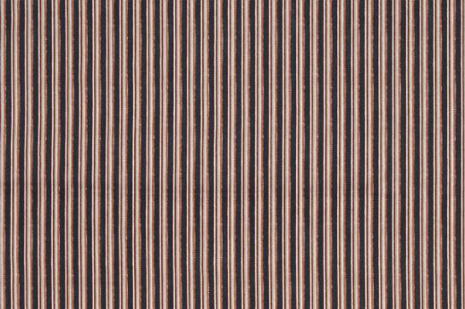 Close-up of Peace and Love fabric in terracotta with indigo and pale blue pinstripes on linen, creating a vibrant contrast.