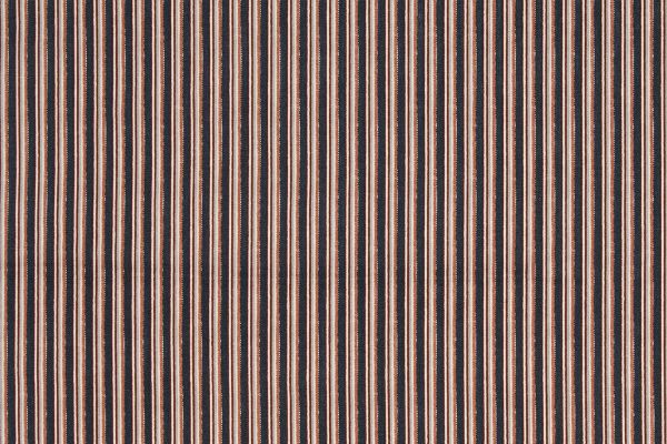 Close-up of Peace and Love fabric in terracotta with indigo and pale blue pinstripes on linen, creating a vibrant contrast.