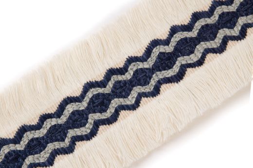 Trapeze border in dark indigo, embroidered centre in blue with ecru coloured fringing to either side 