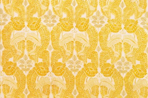 Belle-de-Nuit printed fabric in lemon colourway, featuring sunny yellow florals and leaves print on white linen, designed by Raoul Dufy for Christopher Farr Cloth. Printed in the UK