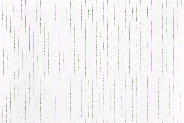 Broken Stripe printed linen fabric in green on a white linen background, featuring a delicate striped pattern that mimics a hand-drawn look.