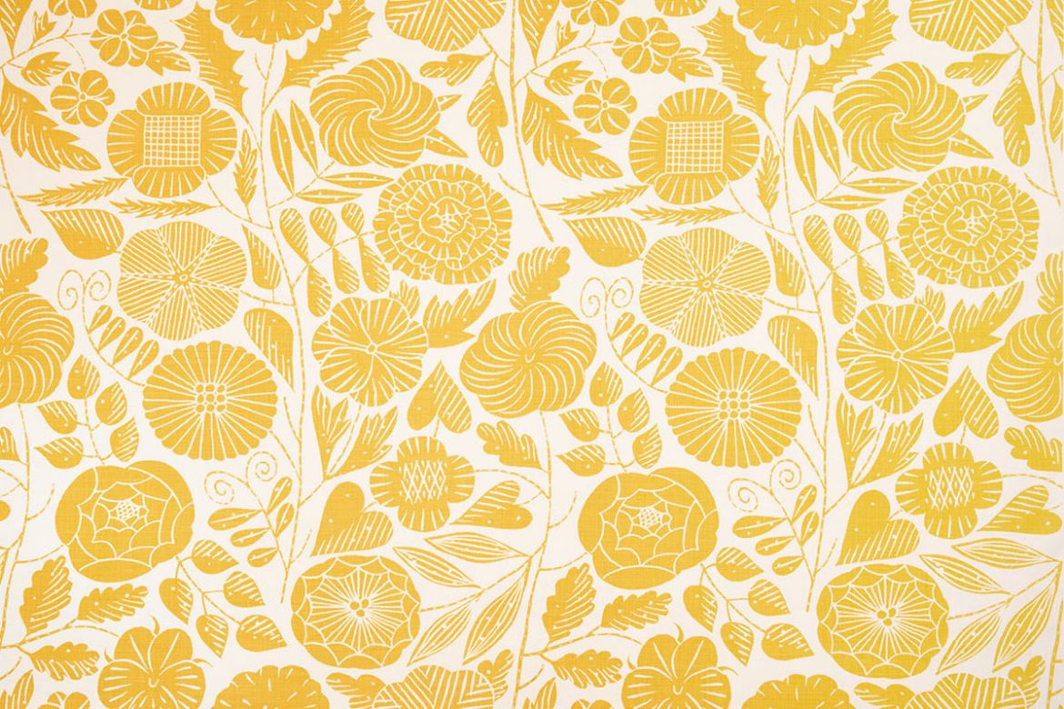 Eden Printed Fabric in Lemon, featuring delicate hand-drawn botanical patterns in vibrant yellow tones over a natural linen background, adding a fresh, cheerful touch to any space.