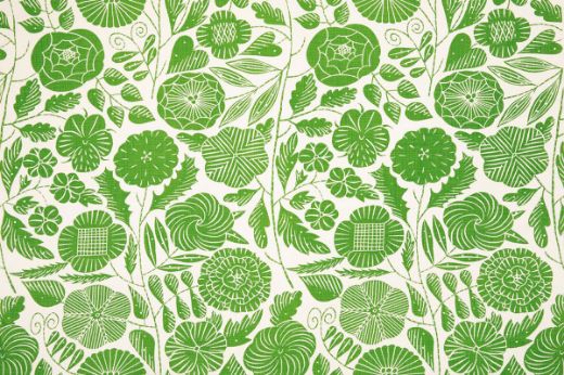 Eden Printed Fabric in Green, with intricate botanical illustrations in soft green hues over a natural linen base, offering a serene, nature-inspired design for interiors.