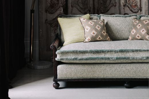 Design by And Objects, Photography by Michael Sinclair. Sofa in tangle aqua fabric, with cushions in fresco printed fabric by Christopher Farr cloth.