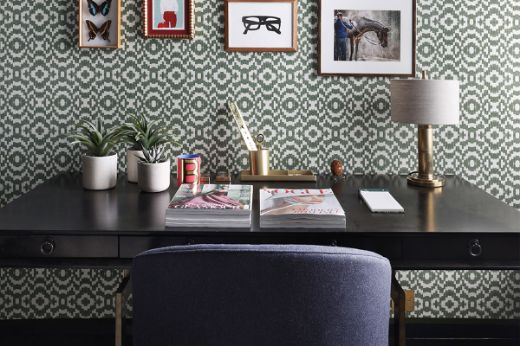  Echo raffia wallcovering in Moss on the walls of a residential office space 