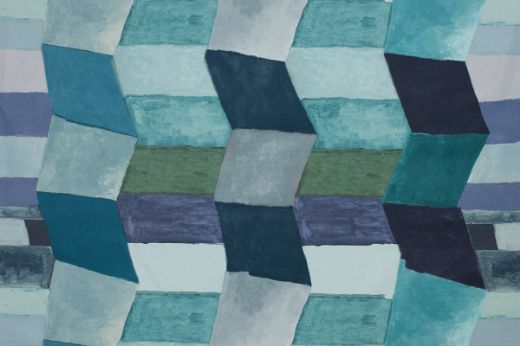 Bright colourful geometric blocks fit together to create a zig zag pattern in tonal blue colours 