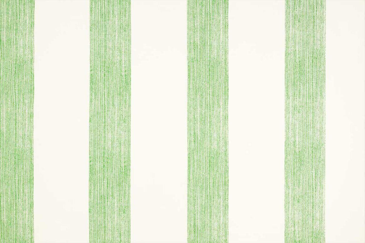 Vertical stripes in bright green colour printed on a linen fabric 