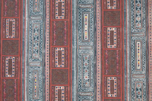 A vibrant wallpaper with vertical stripes and geometric patterns featuring diamonds, florals, and intricate borders in red, blue, white, and yellow.