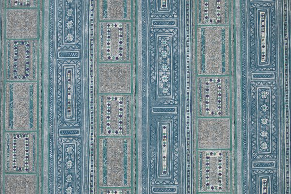 A vibrant wallpaper with vertical stripes and geometric patterns featuring diamonds, florals, and intricate borders in tones of blues and indigos