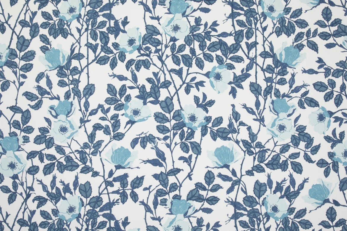 Richmond wallpaper with blue floral pattern on a white background