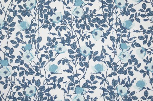 Richmond wallpaper with blue floral pattern on a white background