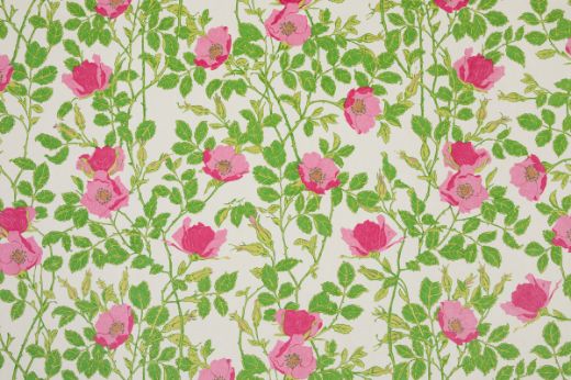 Richmond wallpaper with pink flowers and green leaves on a white background.