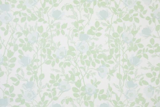 Richmond wallpaper with soft blue flowers and mint green leaves on a white background.