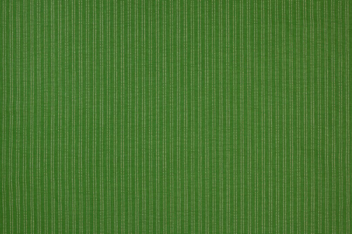 Algonquin fabric in bright green colour, has ticking stripe in vertical lines in white 
