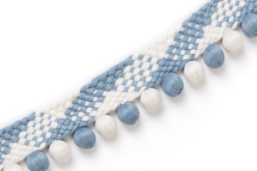 Woven trim with blue and ivory diamond pattern and soft blue and white bobbles.