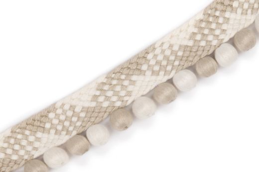 Subtle taupe and white woven trim with matching two-tone bobbles.