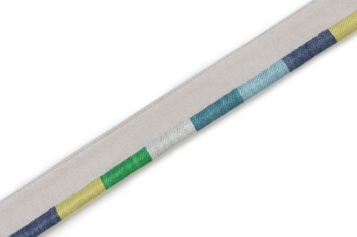 Gala piping with cool-toned stripes in blue, teal, green, and yellow on a neutral base.