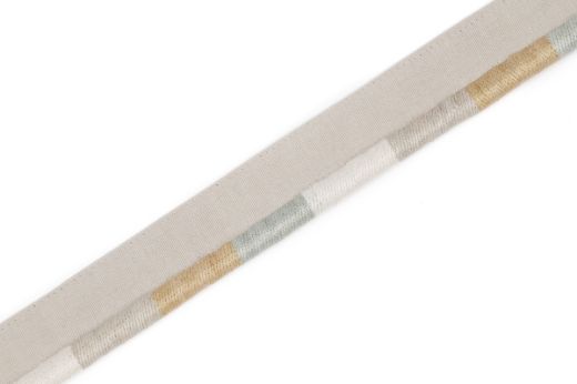 Gala piping with soft neutral stripes in taupe, ivory, and pale blue on a natural base.