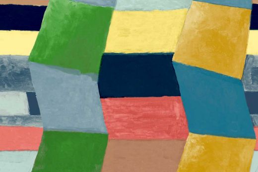 Bold zigzag wallpaper in red, green, yellow, navy, and light blue with a textured, painterly finish