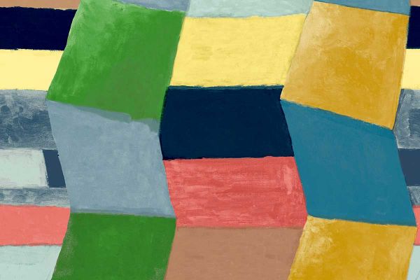 Bold zigzag wallpaper in red, green, yellow, navy, and light blue with a textured, painterly finish