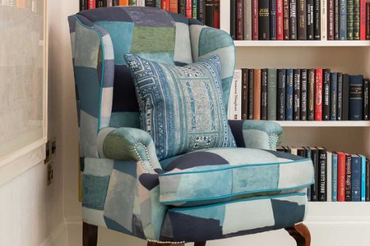 Zig Zag indigo armchair & Time Teller Indigo cushion at Firmdale Hotels, Photography by Oliver White-Smith, Design by Kit Kemp