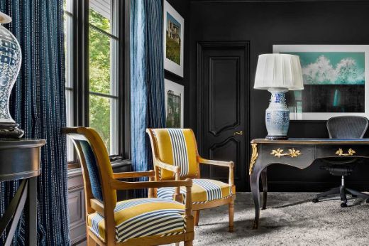 Algonquin Navy curtains and The Hudson Stripe Honey armchairs in a room, Design by Scott Yetman, Photography Drew Hadley