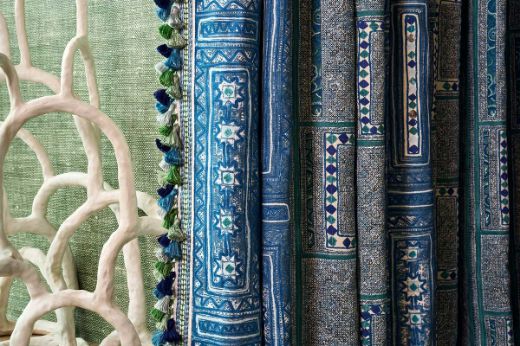 Time Teller Indigo curtains with Jamboree Tasselled Green & Bulu Moss Wallpaper. Shot at 585 King's Rd. Photography by Tom Mannion.