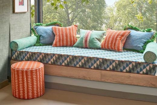 Busy Lizzie Aqua Window Seat with Little Weed and Frieda cushions. Shot at 585 King's Rd. Photography by Tom Mannion.