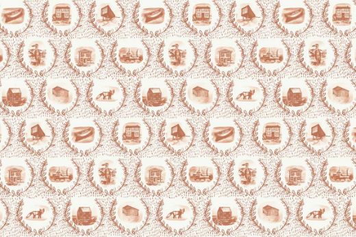 Warm rust-coloured wallpaper with detailed crests of Fogo Island homes and scenery.