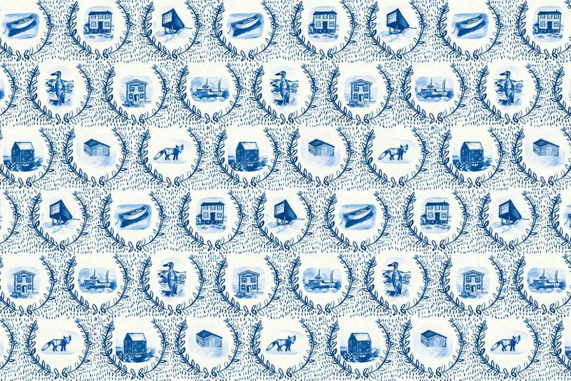 Blue illustrated wallpaper with repeating crests featuring Fogo Island scenes and homes.