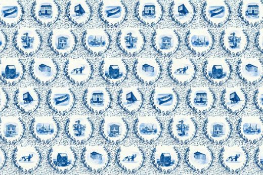 Blue illustrated wallpaper with repeating crests featuring Fogo Island scenes and homes.