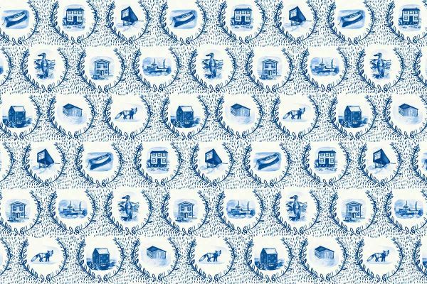 Blue illustrated wallpaper with repeating crests featuring Fogo Island scenes and homes.