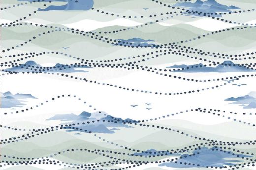 Wallpaper with green and blue watercolor waves and dotted lines