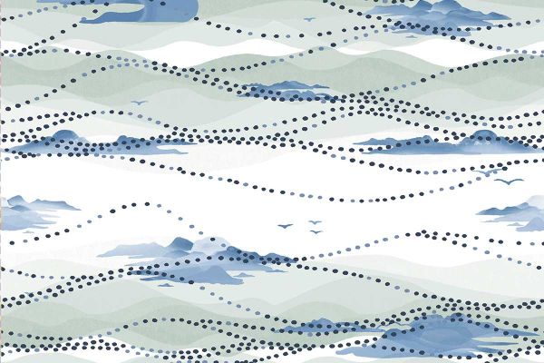 Wallpaper with green and blue watercolor waves and dotted lines