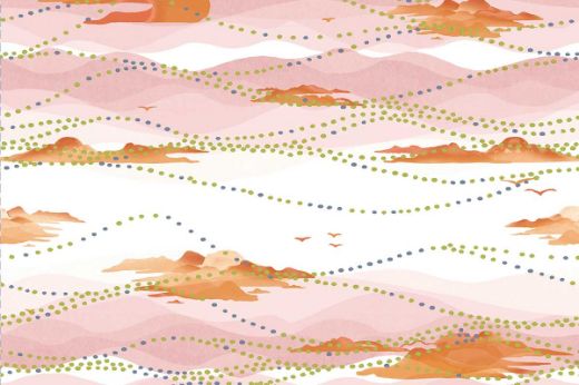 Wallpaper with pink and orange watercolor waves and dotted lines.