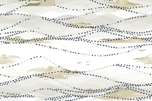 Wallpaper with neutral beige watercolor waves and dotted lines.
