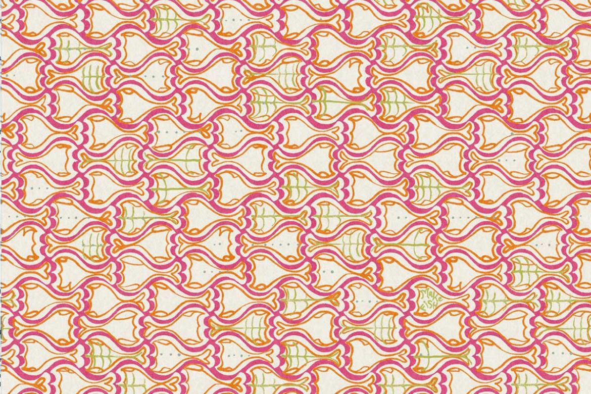 Repeating pink, orange, and green fish and ship pattern on cream background