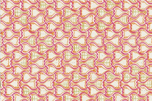 Repeating pink, orange, and green fish and ship pattern on cream background