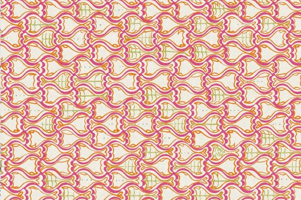 Repeating pink, orange, and green fish and ship pattern on cream background
